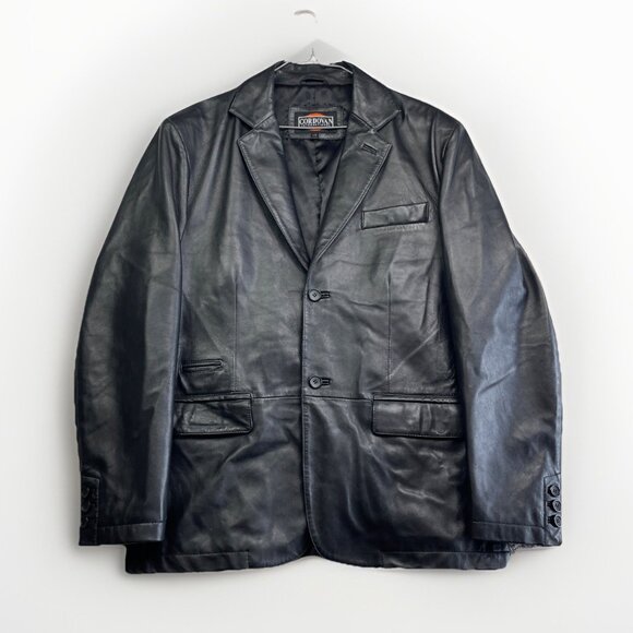 VTG Cordovan Black Leather Blazer Jacket Sports Coat Men Sz L Boxy 2 Button - Picture 1 of 14